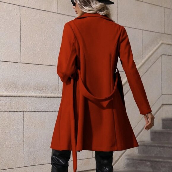 RED Preppy Womens Lapel Neck Double Breasted Belted Overcoat - Picture 4 of 5